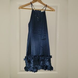 BCBGMaxAzria 100% Silk Midnight Blue A-Line Dress with Ruffled Hem